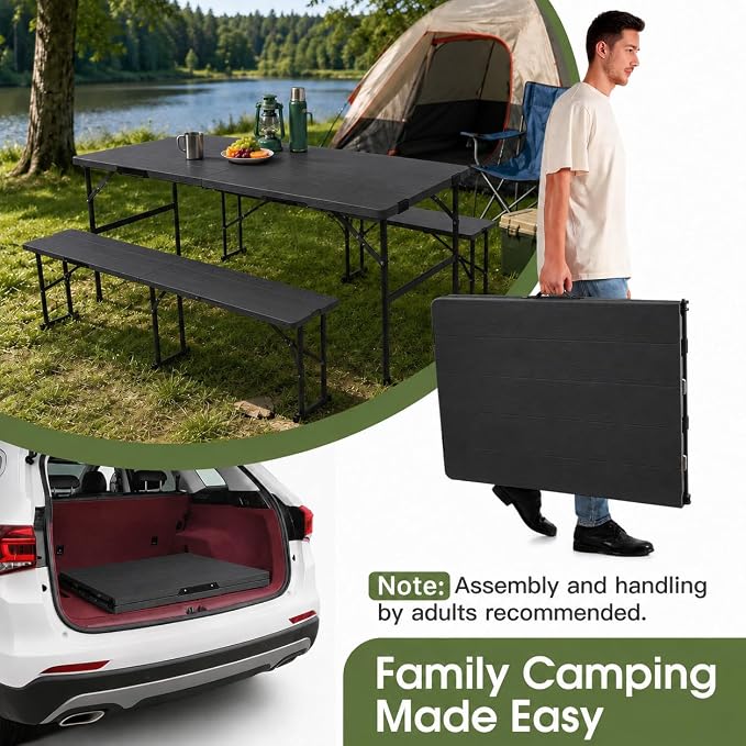 Camping table folding table and chairs foldable picnic table Portable Black | Folding Table and Bench Set: 6-ft portable picnic table with two attached benches. Ideal for camping,BBQ and outdoor events