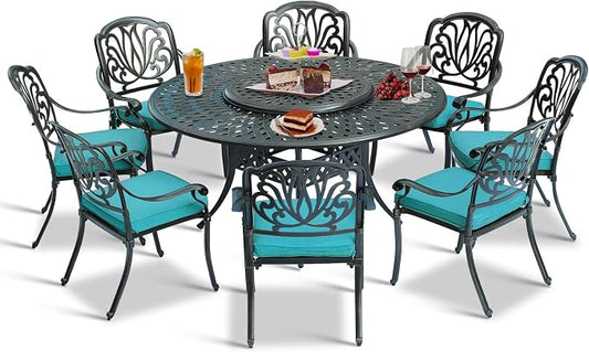 9-Piece Patio Cast Aluminum Dining Set, 8 Person Outdoor Dining Furniture Set, Includes 8 Cushioned Chairs and 61" Large Round Dining Table with 31" Lazy Susan, Umbrella Hole, Ocean Blue