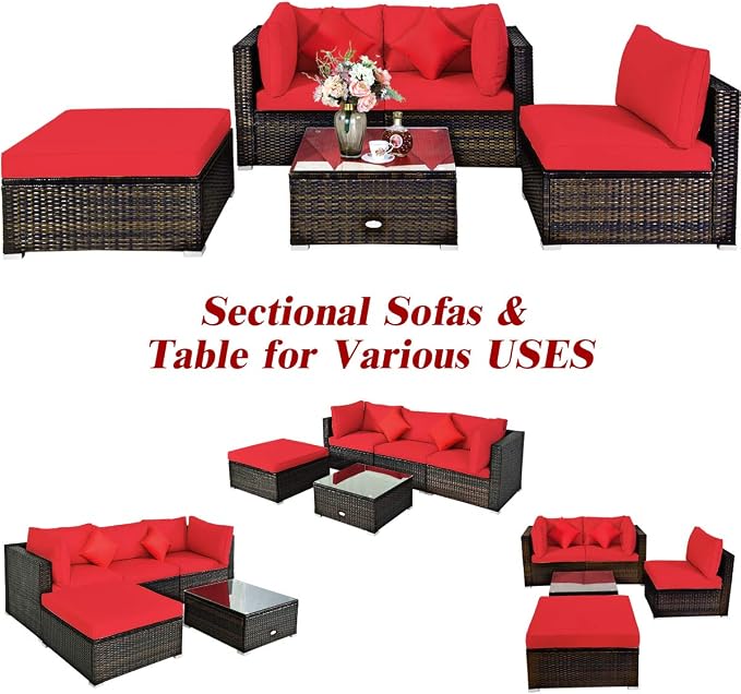 RELAX4LIFE 5-Piece Rattan Sofa Set - Wicker Conversation Set w/Armless Sofa, 2 Corner Sofas, Ottoman, Tempered Coffee Table, All Weather Outdoor Furniture Set for Patio, Poolside, Yard (Red)