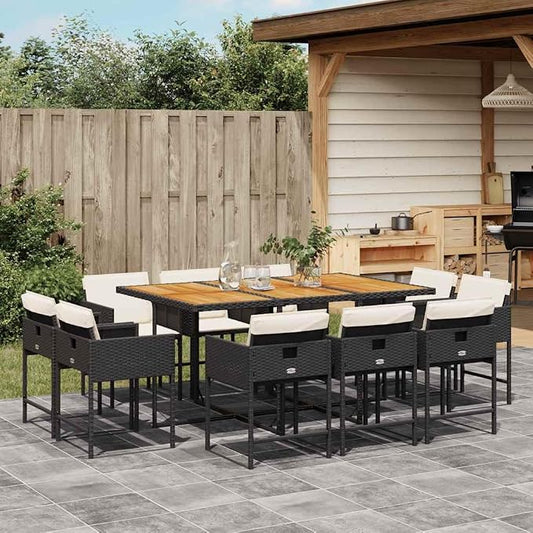 11 Piece Patio Dining Set with Cushions Black Poly Rattan Outdoor Table and 10 Folding Chairs Weatherproof PE Wicker Garden Furniture Set for Backyard, Deck, Poolside, Al Fresco Stable Acacia Wood