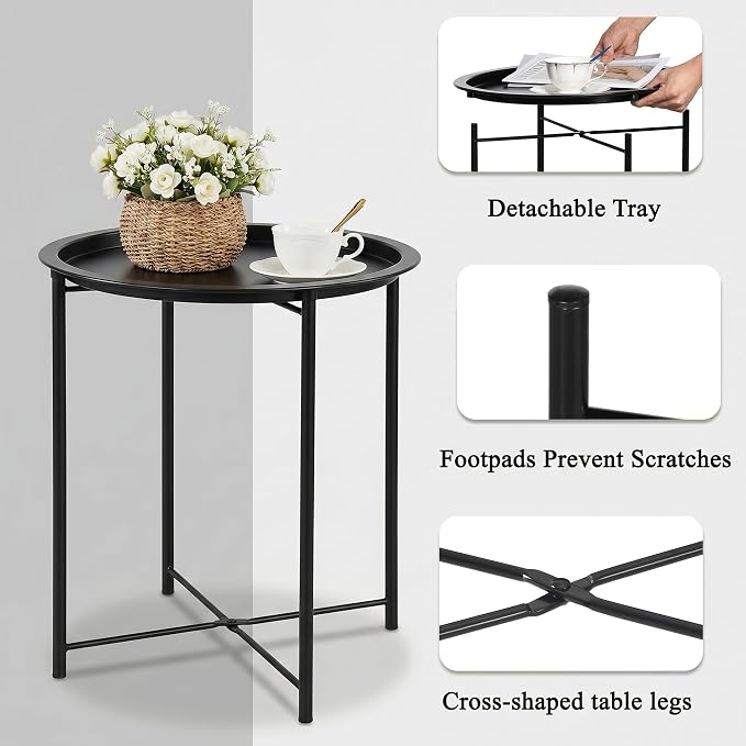 VECELO Side/End Table, Folding Round Metal Anti-Rust and Waterproof Outdoor or Indoor Tray for Living Room Bedroom Balcony and Office, 1 PCS, Black
