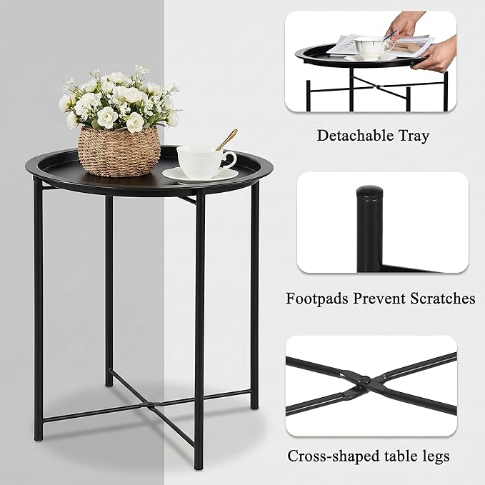 VECELO Side/End Table, Folding Round Metal Anti-Rust and Waterproof Outdoor or Indoor Tray for Living Room Bedroom Balcony and Office, 2 PCS, Black