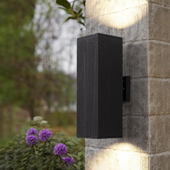mirrea 18" Modern Outdoor Porch Light in 2 Lights, Matte Black, 2 Pack | Patio wall sconce, aluminum rectangular tube, tempered glass, waterproof. Up & down lighting for outdoor wall mount fixture.