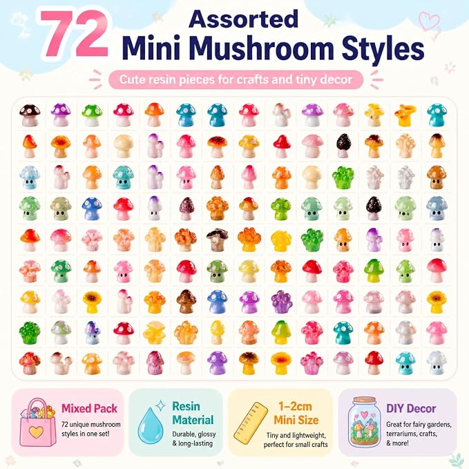 72pcs Mini Mushrooms, Tiny Resin Mushroom Figurines Small Little Resin in Bulk for Miniature Landscape Aquarium Potted Fairy Garden Home Decor Accessories Party Favors Gifts