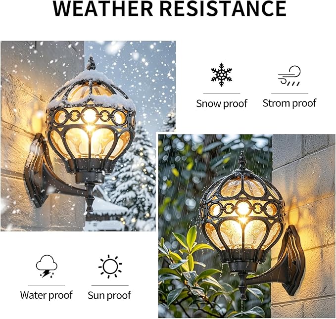 2 Pack Black Globe Outdoor Wall Lights, Round Exterior Wall Sconce for Patio, Porch, Garage, Anti-Rust Aluminum Wall Mount Lighting Fixture, Classic Wall Lantern with Ornate Cage & Amber Glass