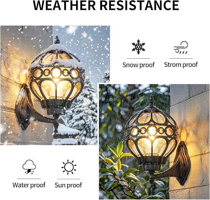 Black Globe Outdoor Wall Lights, Round Exterior Wall Sconce for Patio, Porch, Garage, Anti-Rust Aluminum Wall Mount Lighting Fixture, Classic Wall Lantern with Ornate Cage & Amber Glass, E26 Base