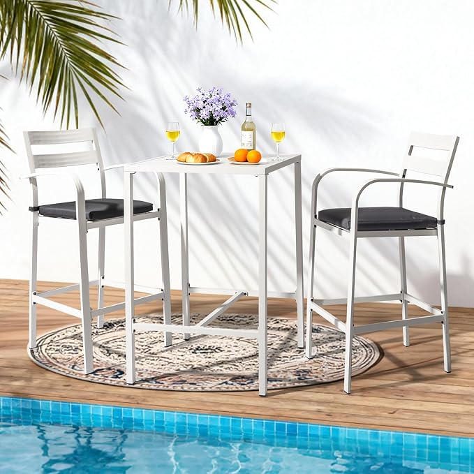 VINGLI 27 Inch Outdoor Bar Table, All-Weather Aluminum Patio Balcony Pub Table for Pool, Blacony, Yard (White)