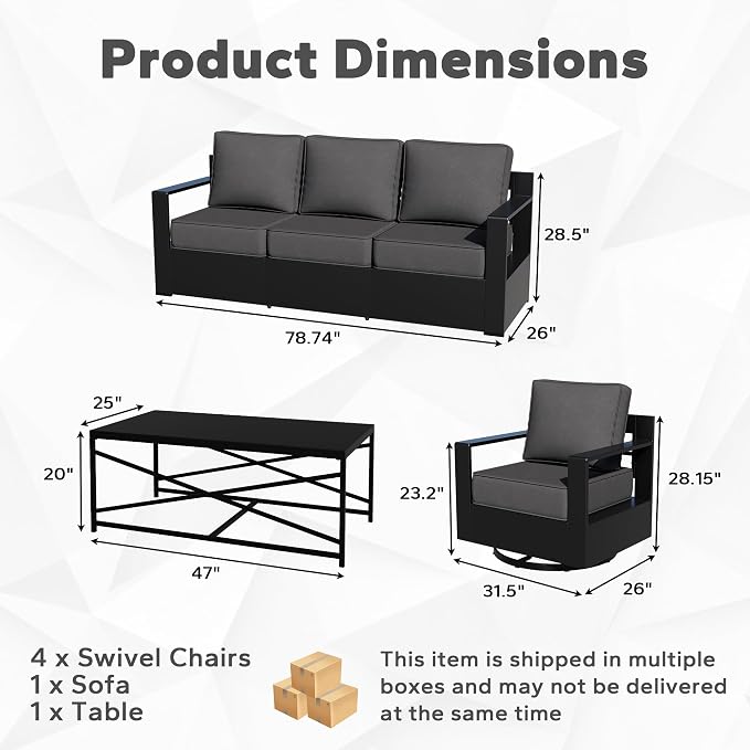 Outdoor Aluminum Furniture Set, 5-Piece Patio Conversation Set, 4 Swivel Chairs, 1 Sofa and 1 Table, All-Weather Metal Frame, 6" Thick Removable Cushions, Deep Setting for Garden, Porch