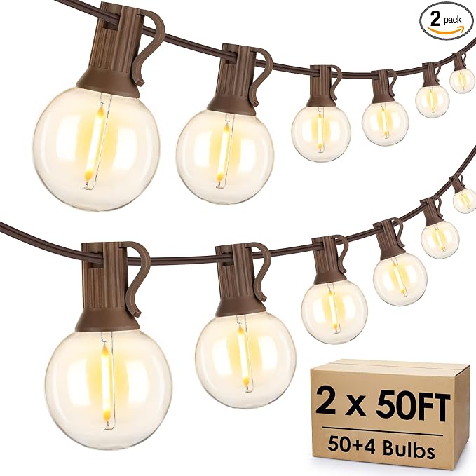 Mlambert 100Ft(2x50Ft) Outdoor String Lights, G40 Globe Patio Lights with 50+4 Waterproof LED Hanging Plastic Bulbs for Cafe Balcony Party-Brown Wire