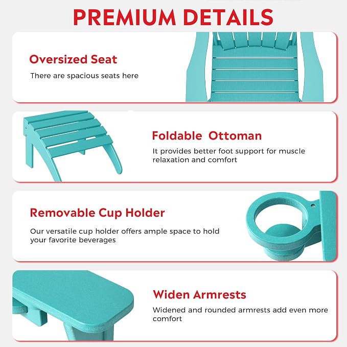 Costaelm Lakeview 12-Piece HDPE Outdoor Patio Furniture Adirondack Chair Conversation Table Set, Turquoise