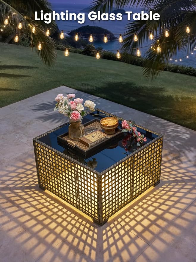 9-Piece Outdoor Patio Furniture Set with Fire Pit Table, Outdoor Conversation Wicker Sofa with Swivel Chairs, Rattan Couch with Coffee Table for Deck, Backyard, Poolside (Black)