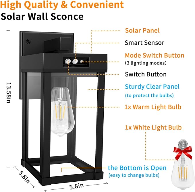 Solar Wall Lights Outdoor with 3 Lighting Modes & Motion Sensor, Solar Porch Light with 2 Bulbs, Waterproof Outdoor Wall Sconce Lantern Light Fixture for Garage Porch Shed Barn Garden Yard Front Door