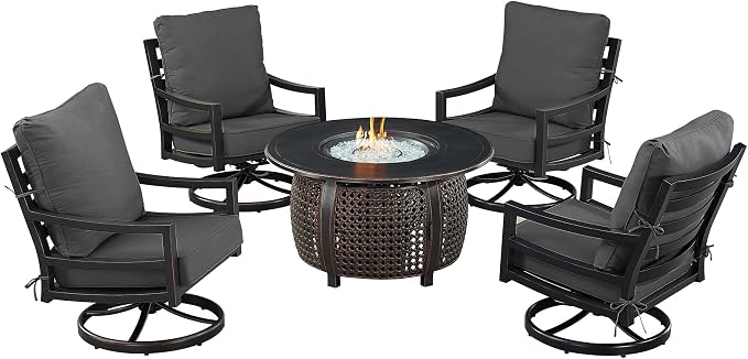 Oakland Living Black Aluminum Patio Fire Table Set with Four Club Chairs with Black Cushions