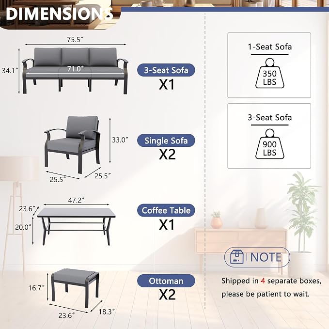 Kurapika Aluminum Patio Furniture Set 5-Seat Modern Outdoor Conversation Sets w/2 Ottomans with Rectangular Coffee Table, Grey