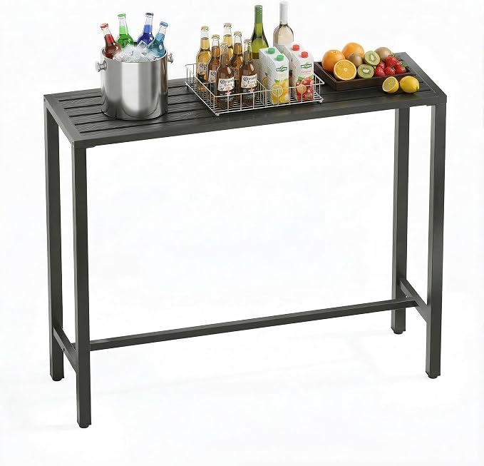 Outdoor Bar Table, 45in Bar Height Table, Black Metal Frame with Weatherproof Top, HDPE Outdoor Furniture for Patio, Hot Tub, Party, Balcony, Indoor