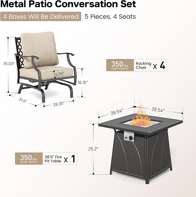 SUNSHINE VALLEY Patio Furniture Set with Firepit Table, 5 Piece Metal Outdoor Patio Furniture Set for 4, 4 Rocking Chairs with 5.75" Extra Thick Cushion and Gas Firepit Table for Backyard Deck Garden