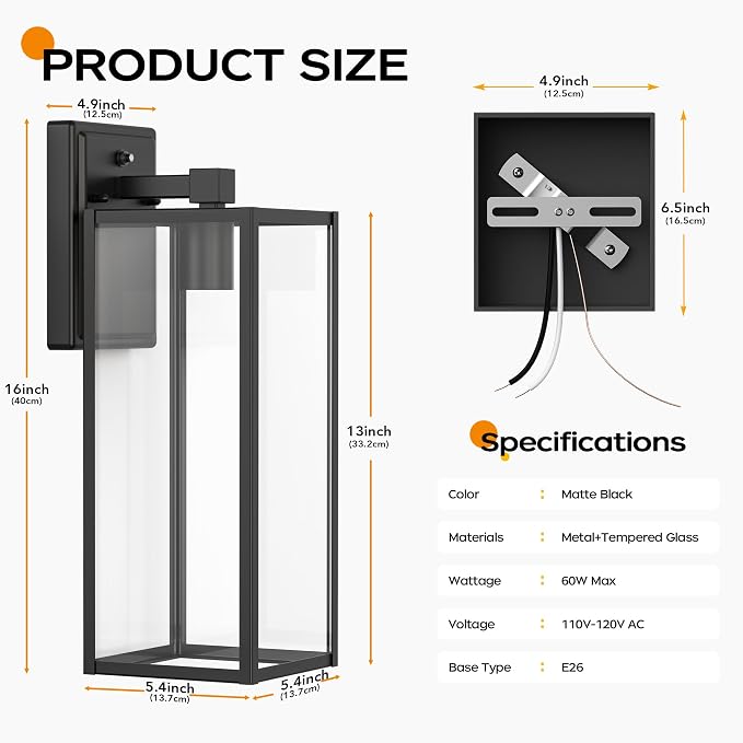 16" Dusk to Dawn Exterior Lighting Fixture, Outdoor Porch Light Wall Sconce | Anti-Rust Metal Frame, Tempered Glass, E26 Base, Waterproof, Sensor Wall Lantern for Patio, Garage, Entryway