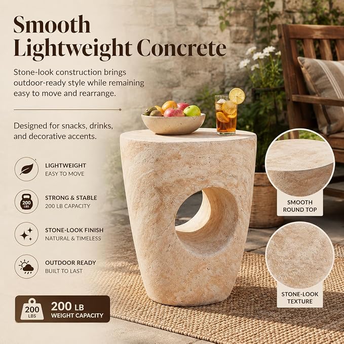 Outdoor Side Table, Modern Minimalist Coffee Table with Sculptural Hollow Design Accent Table for Indoor/Outdoor (Beige,Natural-22)