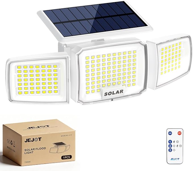 JEJOT White Solar Security Light Outdoor Super Bright LED, Motion Sensor Flood Light, 3 Heads 270° Wide Angle, Remote Control, IP65 Waterproof, 3 Modes (1 Packs)