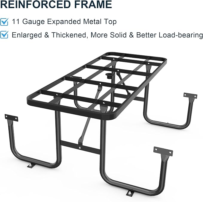 KEIKI 72" Heavy-Duty Metal Picnic Table with Benches, Commercial Outdoor Steel Table with 2.12" Umbrella Hole, 2.5mm Mesh Top, Rust-Resistant Coating, Patio Backyard Park Dining Furniture, Black