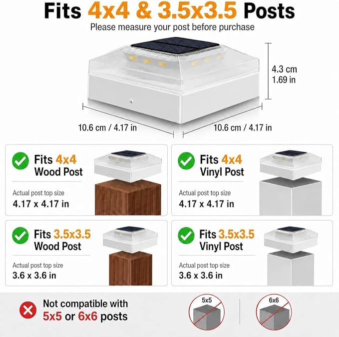 4x4 Solar Post Cap Lights Outdoor 1 Pack, 3 Color Modes/Dusk to Dawn/IP65 Waterproof, Fits 4x4 Vinyl/PVC Wood Posts Top, White LED Fence Topper Light for Deck, Mailbox