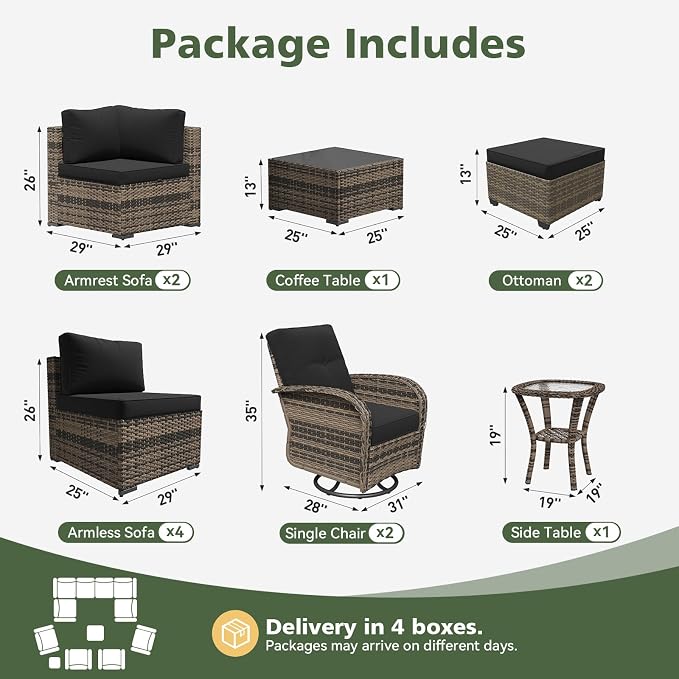 Aoxun 12 Piece Outdoor Patio Furniture Set with Coffee Table, Wicker Rattan Outdoor Furniture with High Back Swivel Rocker Chairs, Outdoor Conversation Set with Thick Cushion & Ottoman, Black