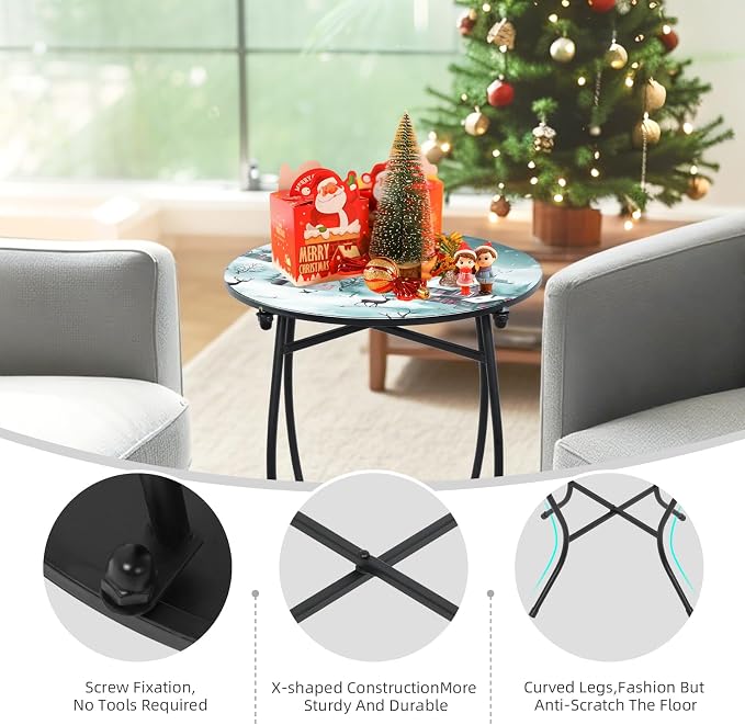 21 Inch Tall Metal Side Table, Unique Christmas Tabletop with Metal Frame, Round End Bedside Table Accent Table for Bedroom Patio Yard Porch Balcony Garden
