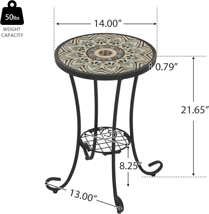 Outdoor Metal Side Table with Ceramic Tile Top Mosaic Patio Side Table and Plant Stand Tables, Round Side Table Iron End Tables for Yard Porch Balcony Garden, Daisy Black