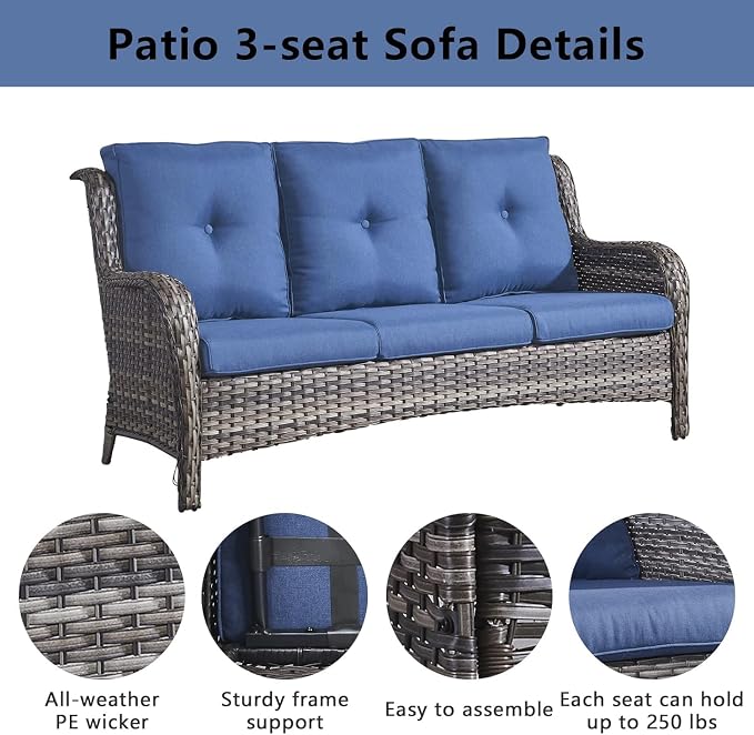 Belord Wicker Patio Furniture Sets - 8 Piece Rattan Outdoor Furniture Conversation Sets with 4 Swivel Rocker Chairs, Rattan Sofa, Wicker Ottomans and Coffee Table, Mixed Grey/Blue
