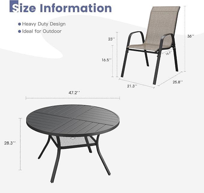 VICLLAX Round Outdoor Patio Dining Set for 6, Metal Slatted Patio Table with Umbrella Hole and 6 Stackable Patio Chairs for Deck Lawn Garden, Brown Fabric and Black Tabletop