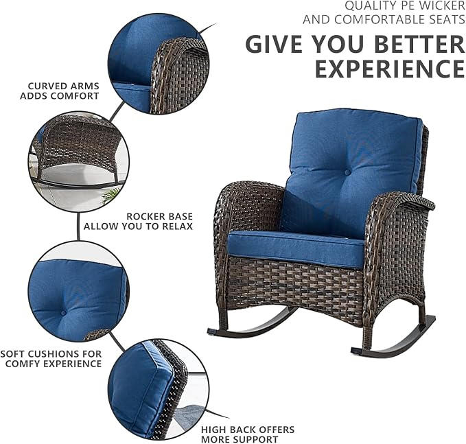 Belord Patio Rocking Chairs Furniture Set - 5 Piece Outdoor Wicker Furniture Sets with Ottomans, Small Patio Conversation Sets with Wicker Rocking Chairs Brown/Blue