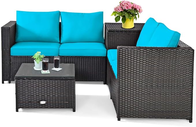 HAPPYGRILL 4-Piece Rattan Wicker Conversation Set Outdoor Patio Furniture Sofa Set with Storage Box & Tempered Glass Coffee Table for Backyard Garden Porch
