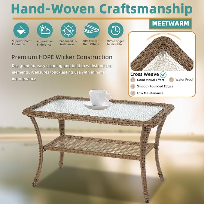 MEETWARM Wicker Patio Coffee Table, 34.5" Rectangle Outdoor Coffee Table with Tempered Glass Top and 2-Tier Storage Shelf, All-Weather Rattan Patio Side Table for Outside Poolside Deck Garden, Brown