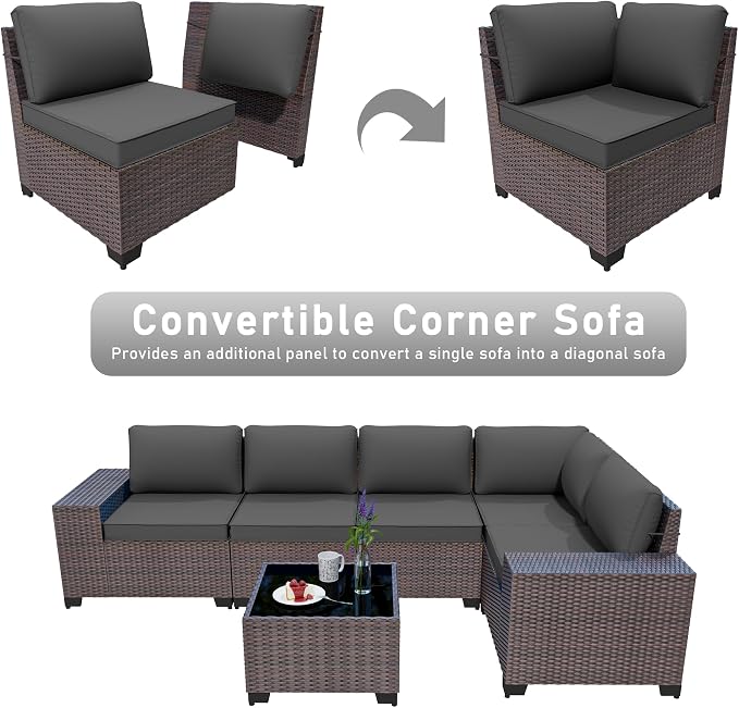 Patio Furniture Set 6 Pieces Outdoor Sectional Sofa Set,PE Rattan Wicker Patio Conversation Set with Thickened Cushions and Glass Coffee Table,Grey
