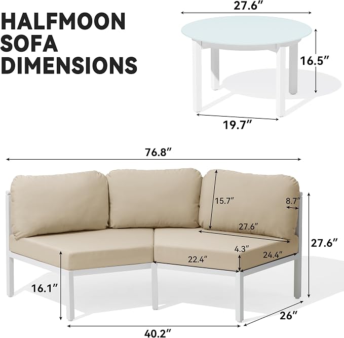 Crestlive Curved Patio Furniture Set, Modular Half Moon 6-Seater Sofa with Round Coffee Table, Aluminum Outdoor Sectional with 4.3" Cushions, All-Weather Couch for Backyard, Deck, Porch, Poolside