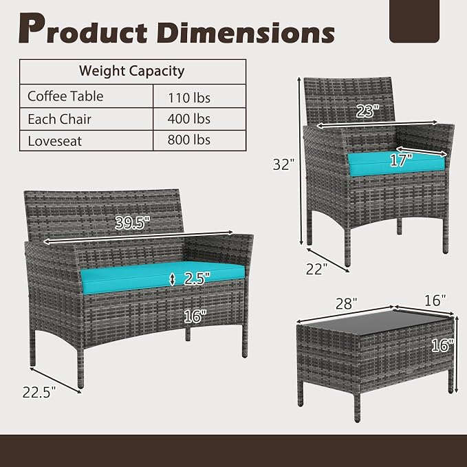 Tangkula 4 Pieces Patio Rattan Conversation Set, Outdoor Wicker Furniture Set with Cushioned Chair, Loveseat & Tempered Glass Table, Outside Sectional Sofa Set for Backyard (G-Turquoise,1)