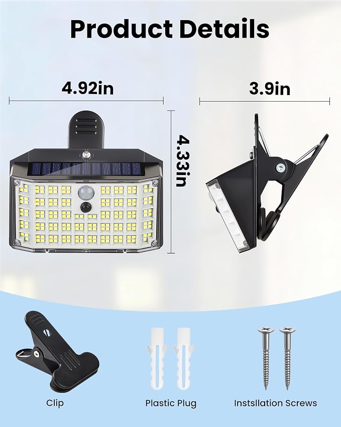 LUHLEE 176LED Clip on Solar Lights Outdoor, 600LM Solar Motion Lights Outdoor with 180° Wide Angle, IP65 Waterproof Portable Solar Fence Lights Outdoor for Fence, Gutter, Garden, Camping, Patio 2Pack