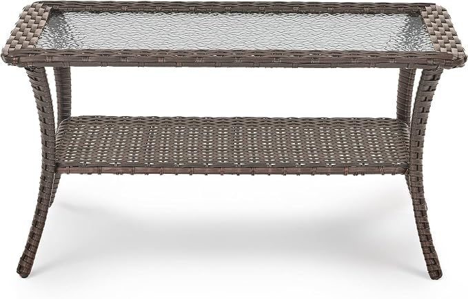 Patio Coffee Table for Outdoor Furniture Set - 2-Tier Storage Wicker Side Tables with Smooth Clear Tempered Glass Tabletop for Outside Wicker Rocking Swivel Chairs in Porch Deck Yard - Brown