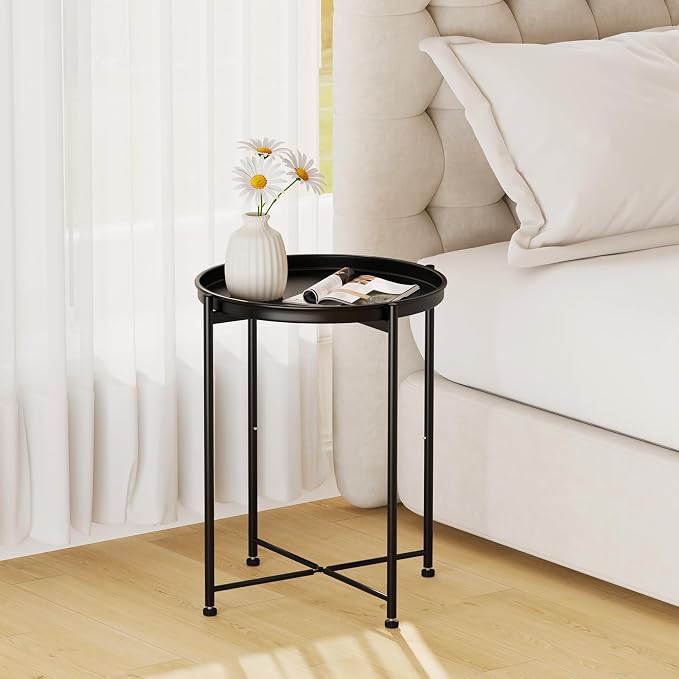 Garden 4 you Small Side Table, Mini Round End Table, Tray Table with Metal Frame, Modern Nightstand for Living Room, Bedroom, Patio, Small Space, 2pcs