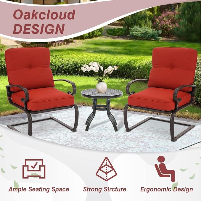 Oakcloud 8Pcs Metal Outdoor Furniture Patio Conversation Set (4 Spring Chairs, Loveseat, Bistro Table, 2 Coffee Tables) - Wrought Iron Patio Chair Set with Cushions (Red)