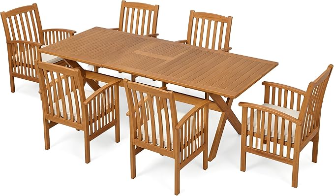 VilroCaz 7 Pieces Acacia Wood Outdoor Dining Set, All-Weather Extendable Table Large Table and 6 Armchairs for Lawn Backyard Garden Deck Poolside (Teak-)