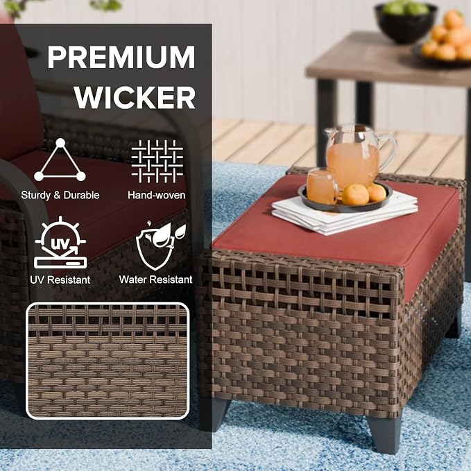 COOS BAY Modern Wicker Outdoor Furniture Set, 3 Piece Patio Conversation Set with a Loveseat and 2 Ottomans, 3 Piece, Brown/Red