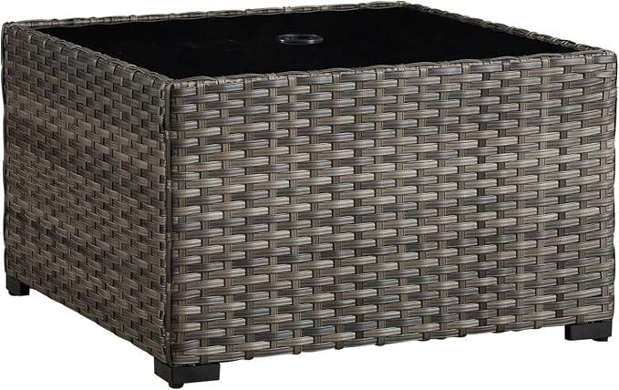 HOOOWOOO Outdoor Patio Coffee Table with Umbrella Hole, All-Weather Handwoven PE Wicker Rattan Square Bistro Side End Table with Storage Shelf