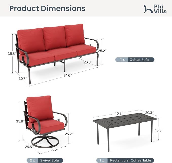 PHI VILLA Patio Furniture Set, 3-Seater Sofa, 2 Swivel Chairs and a Coffee Table, Outdoor Metal Conversation Set with 5.75" Extra Thick Cushion for Garden Backyard Deck, Red