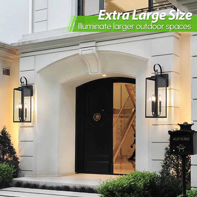 BesLowe 23" Large Outdoor Wall Light, 3-Light Black Exterior Sconce | Waterproof, Rust-Resistant, Durable Metal with Clear Glass, Standard E12 Socket, Easy to Install