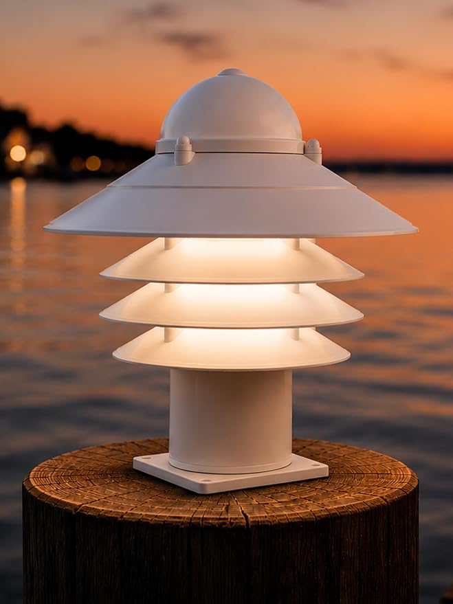 Nautical Pier Mount Outdoor Lighting - Salt-Air Tough Rust-Proof Non-Metallic Coastal Lamps - UL Listed Dock Lights - Patio Fence Deck Porch Lights Outdoor - USA Made, Short, Basic, White