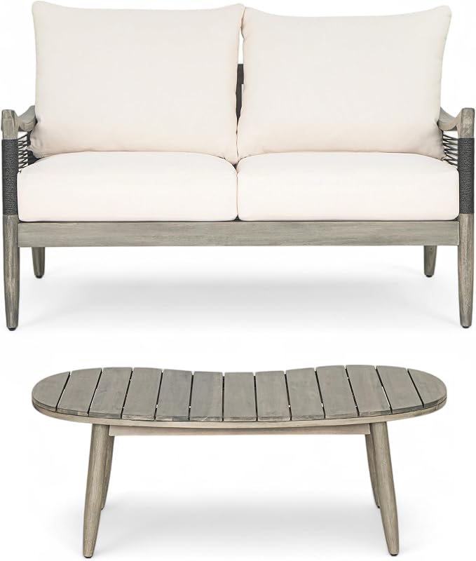 Christopher Knight Home Havets 2 Piece Patio Conversation Sets, Outdoor Acacia Wood Patio Seating Group,Woven Rope Loveseat with Cushions and Coffee Table for Porch Garden Backyard Balcony, Gray+Beige