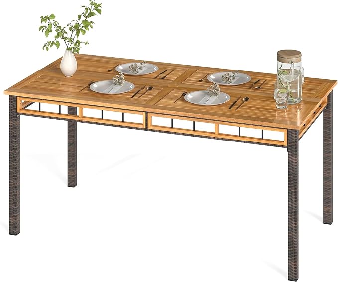 HAPPYGRILL Acacia Wood Outdoor Dining Table 63", 4-6 Person Rectangular Metal Patio Table with Umbrella Hole and Rattan Legs, Slatted Outdoor Furniture for Garden, Poolside, Backyard and Deck
