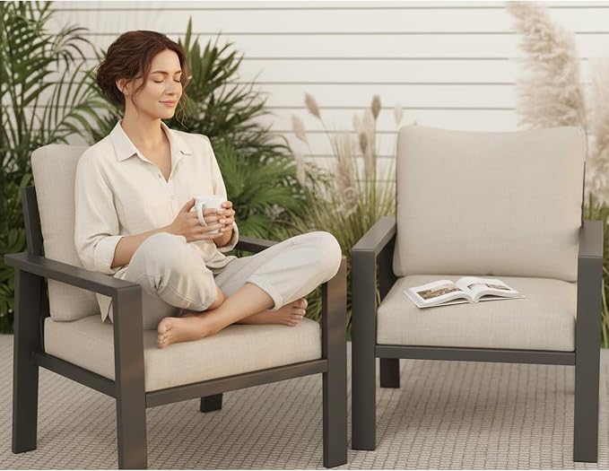 Outdoor Sofa Chair Aluminum Patio Couch Set of 2 All-Weather Patio Sofa Armchair Furniture Set Chairs with Beige Cushions