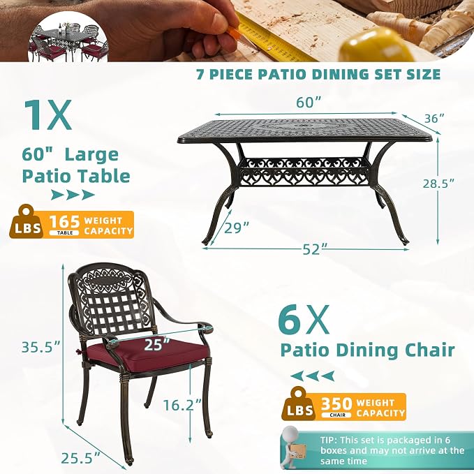 MEETWARM 7-Piece Outdoor Furniture Dining Set, All Weather Cast Aluminum Patio Garden Set with 6 Chairs, 6 Cushions, 1 Rectangular Table, 2" Umbrella Hole, Dark Bronze, Chili Red